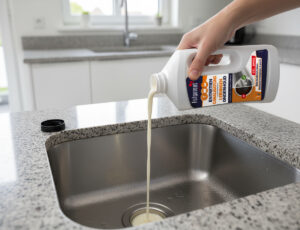 Personne qui verse un produit entretien déboucheur dans canalisation cuisine